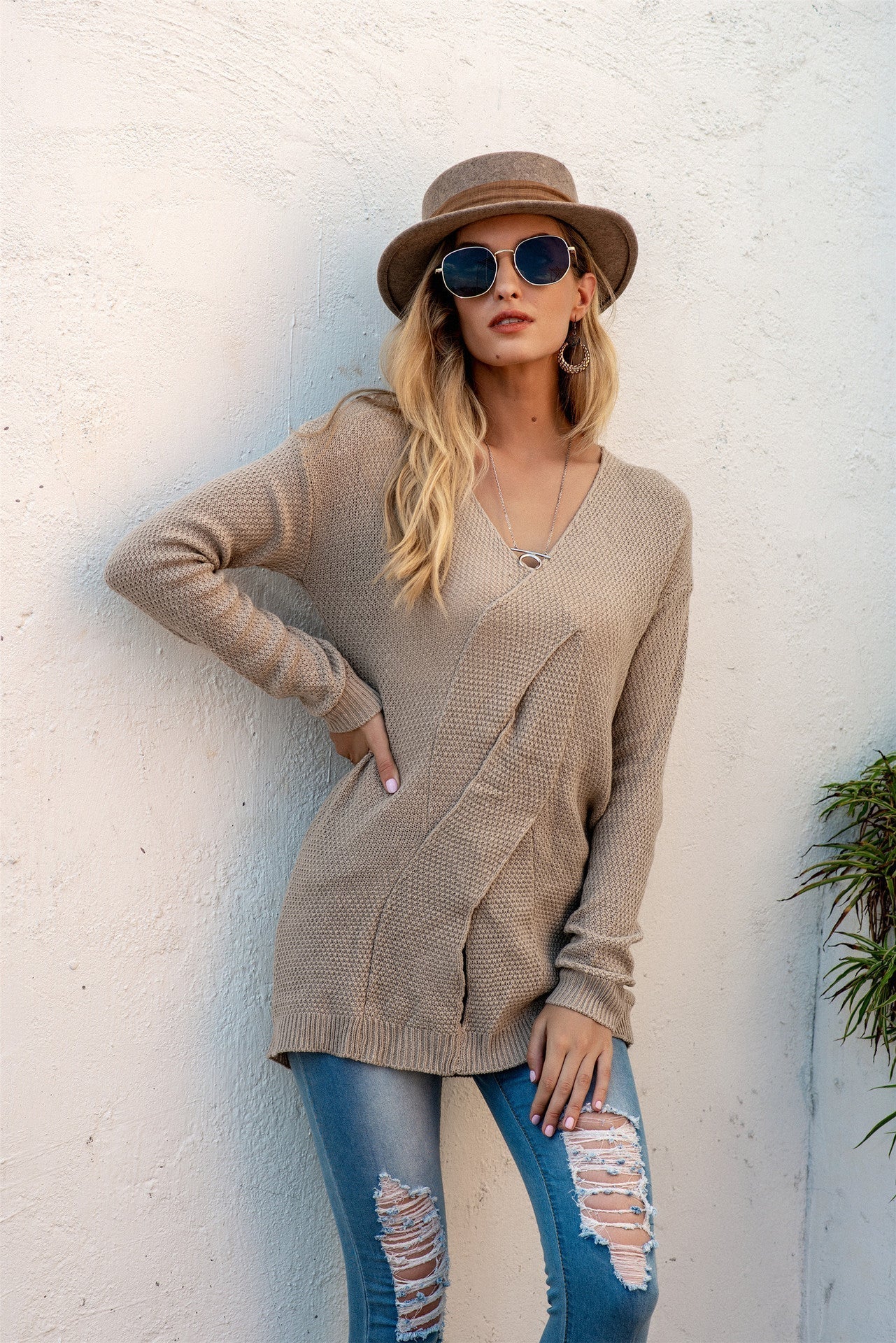 Große Damenkleid Oversized Gestrickt Off Shoulder