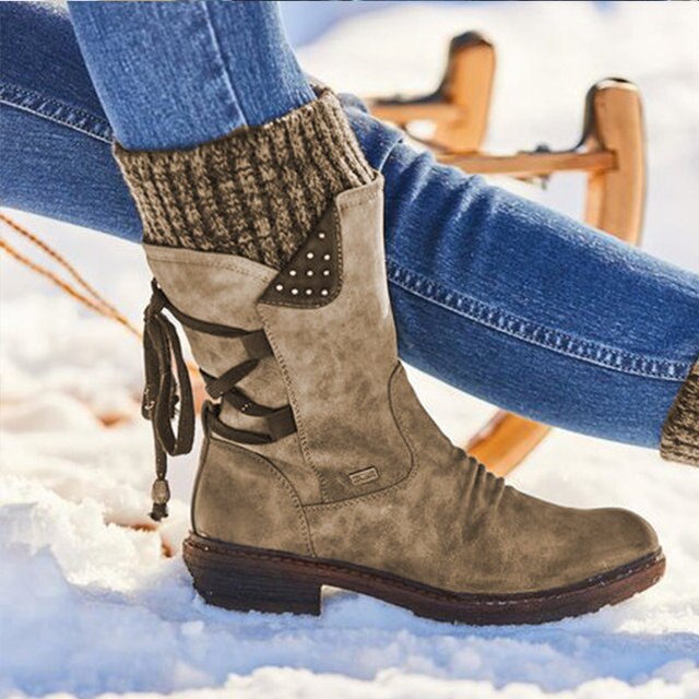 Retro Leder Stiefel Damen Midi Calf - IdealeKleiden
