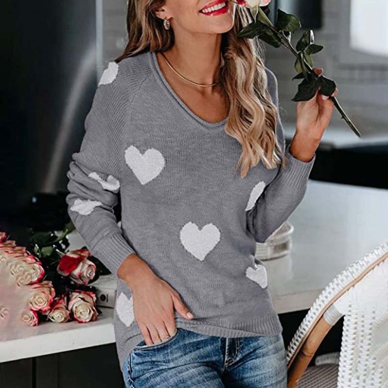 Damen Strickpullover Herz Muster Eleganz
