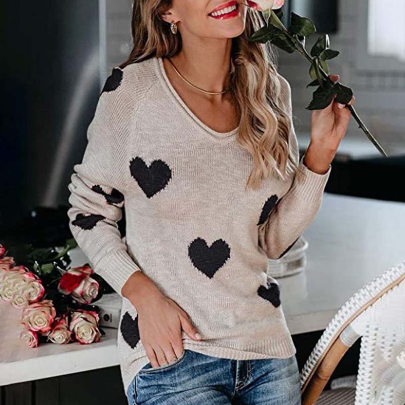 Damen Strickpullover Herz Muster Eleganz