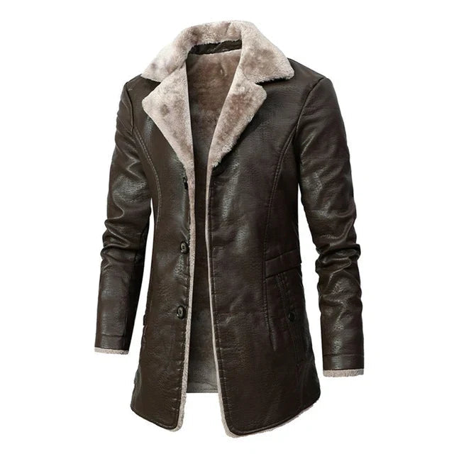 Leder Mantel Lang Herren Dick Warm Elegant - IdealeKleiden