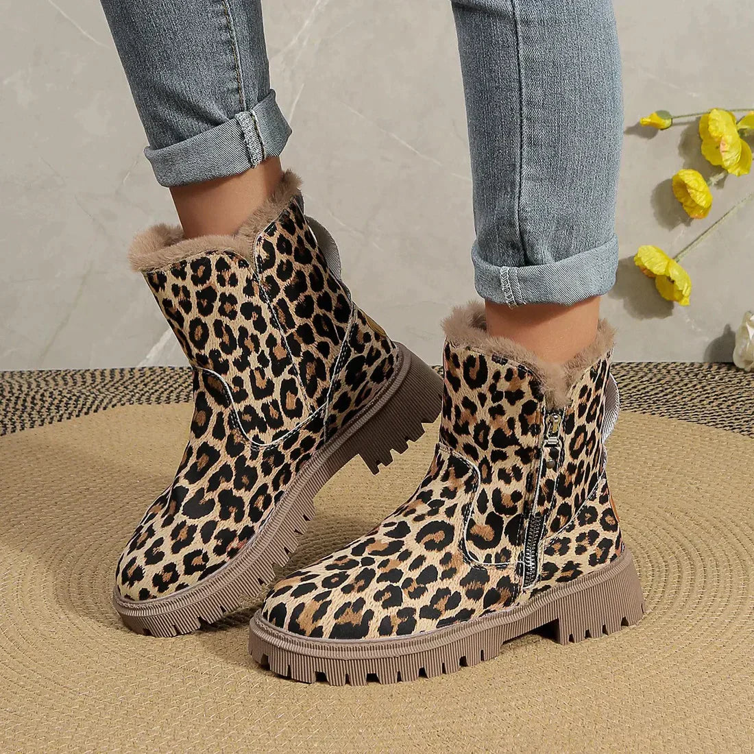 Winterstiefel Leopardenmuster Weich Samt
