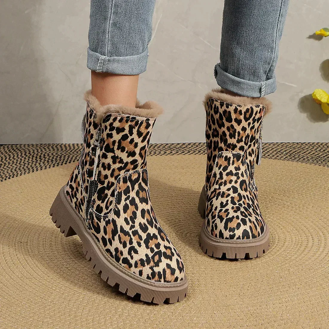 Winterstiefel Leopardenmuster Weich Samt