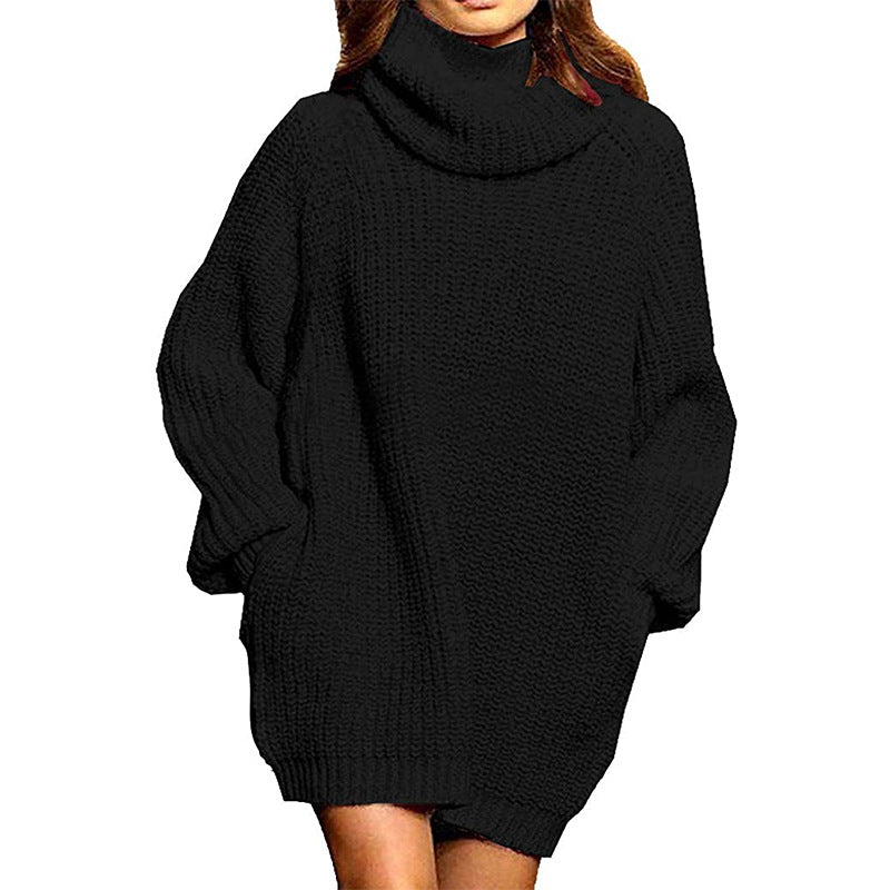 Damen Grobstrick Pulloverkleid Hochkragen Lässig Chic