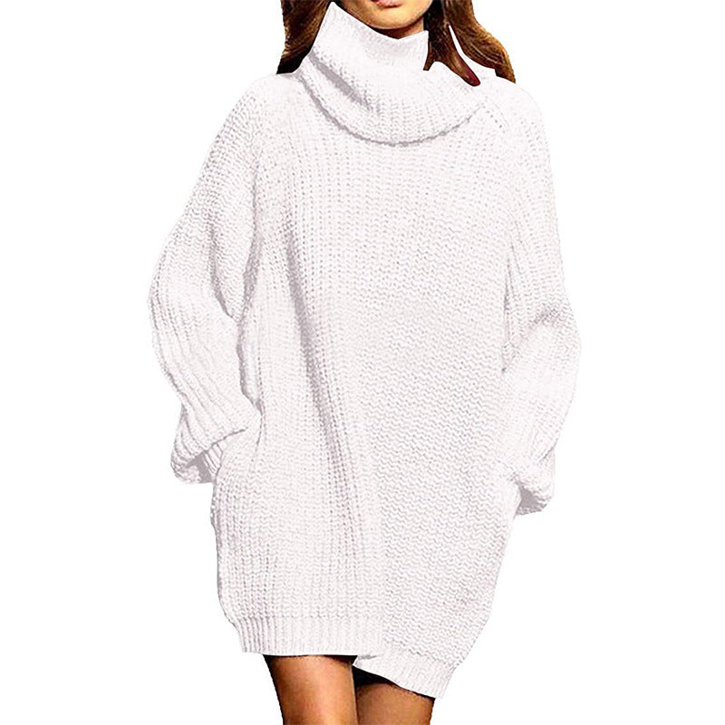 Damen Grobstrick Pulloverkleid Hochkragen Lässig Chic