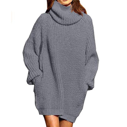 Damen Grobstrick Pulloverkleid Hochkragen Lässig Chic