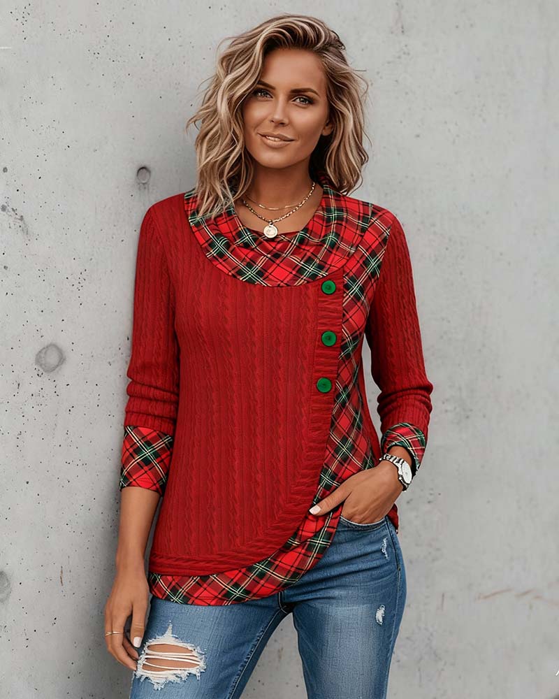Karo Langarm Top Patchwork Frauen