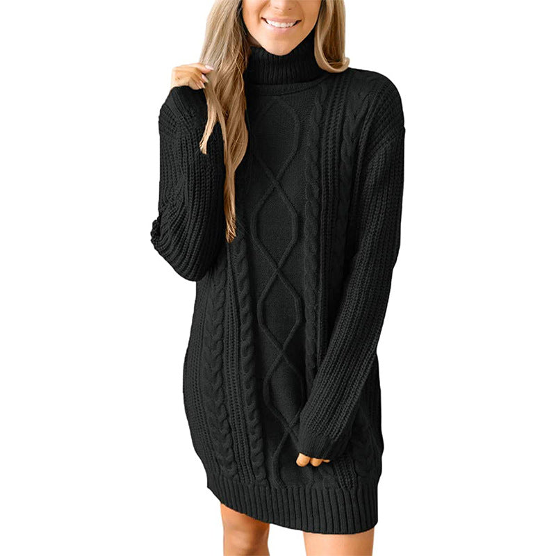 Damen Pulloverkleid Grobstrick mit Zopfmuster und Hochkragen