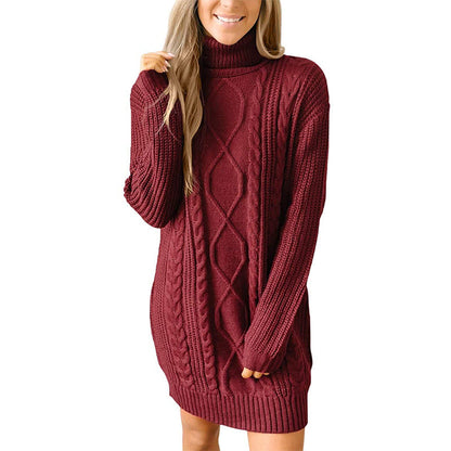 Damen Pulloverkleid Grobstrick mit Zopfmuster und Hochkragen