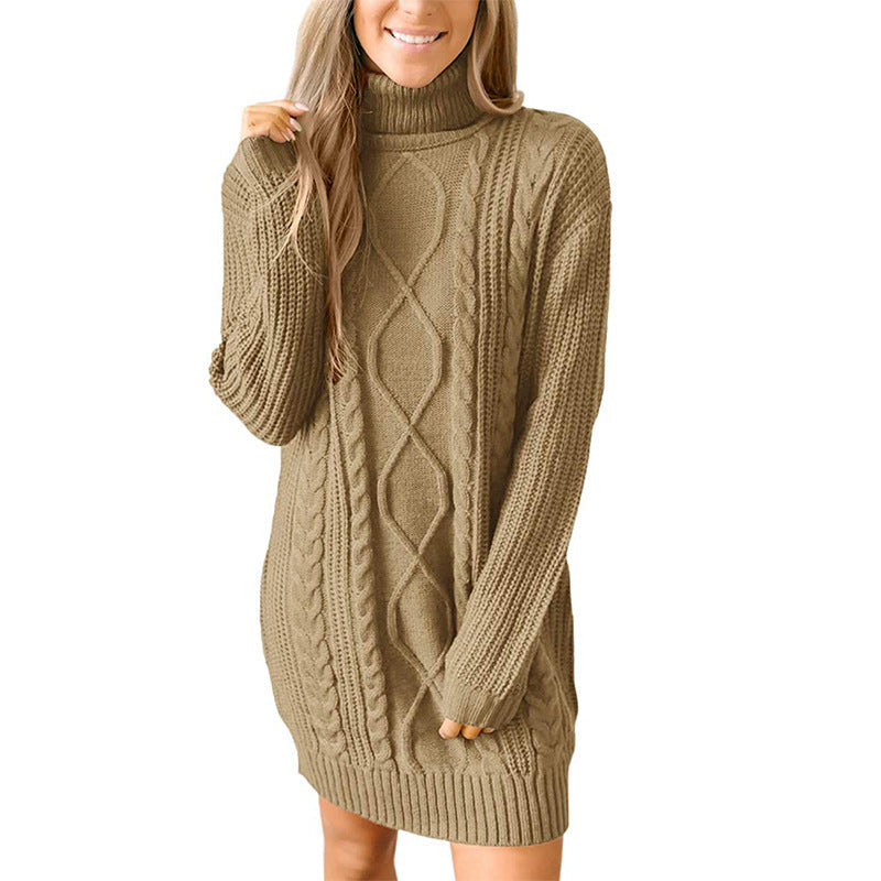 Damen Pulloverkleid Grobstrick mit Zopfmuster und Hochkragen