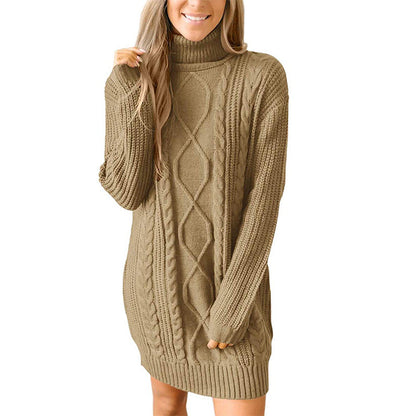 Damen Pulloverkleid Grobstrick mit Zopfmuster und Hochkragen