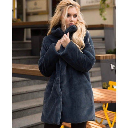 Damen Kunstpelz Mantel Weich Hochkragen WinteractionDate