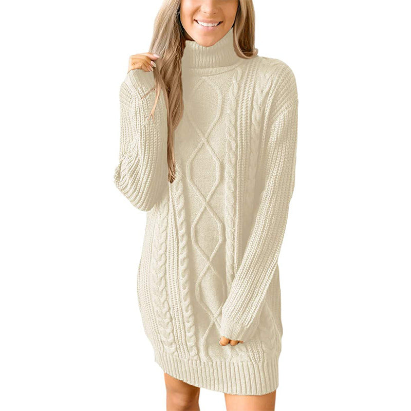 Damen Pulloverkleid Grobstrick mit Zopfmuster und Hochkragen
