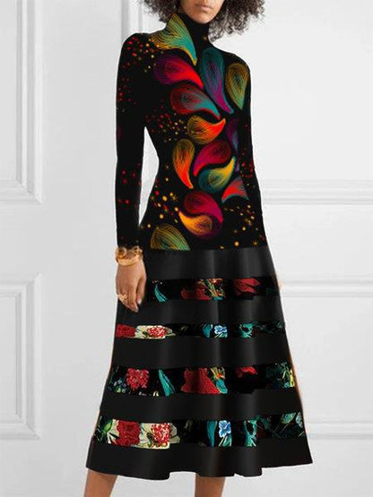 Damen Strickkleid Floral Elegant Hochkragen