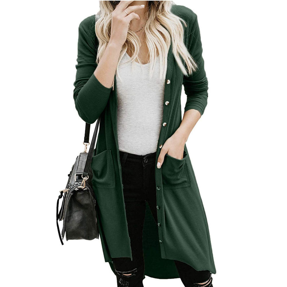 Damen Strickjacke Lang Elegant mit Taschen und Knöpfen