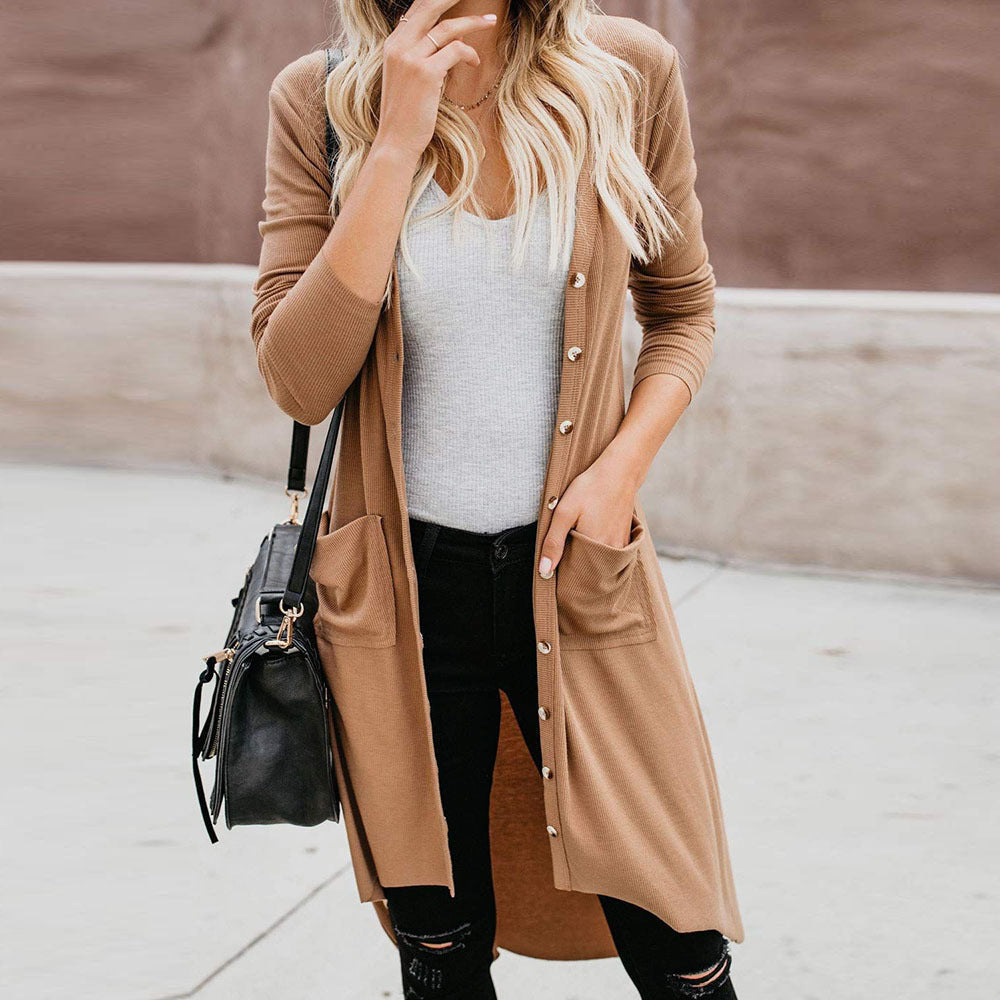 Damen Strickjacke Lang Elegant mit Taschen und Knöpfen