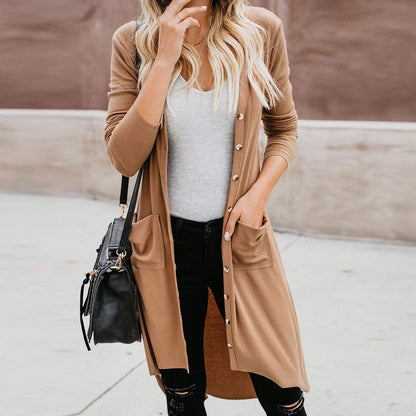 Damen Strickjacke Lang Elegant mit Taschen und Knöpfen