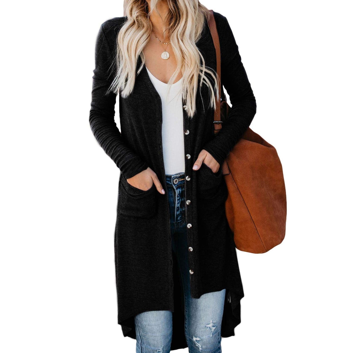 Damen Strickjacke Lang Elegant mit Taschen und Knöpfen