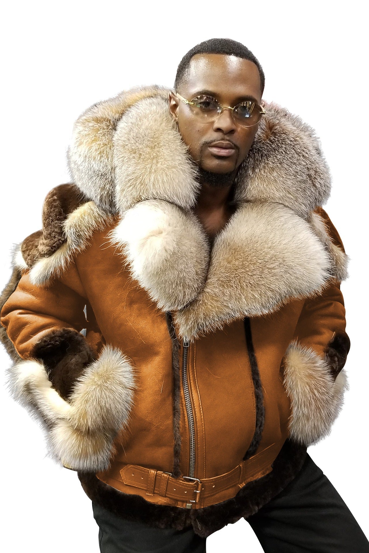 Herren Lederjacke Luxus Kunstfell Kragen Warm Innenfutter