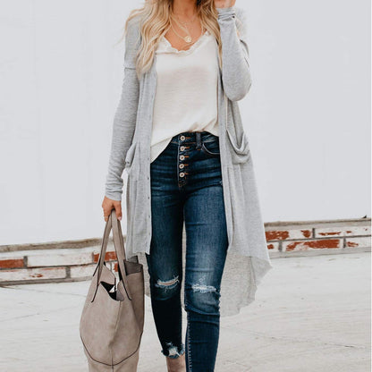 Damen Strickjacke Lang Elegant mit Taschen und Knöpfen
