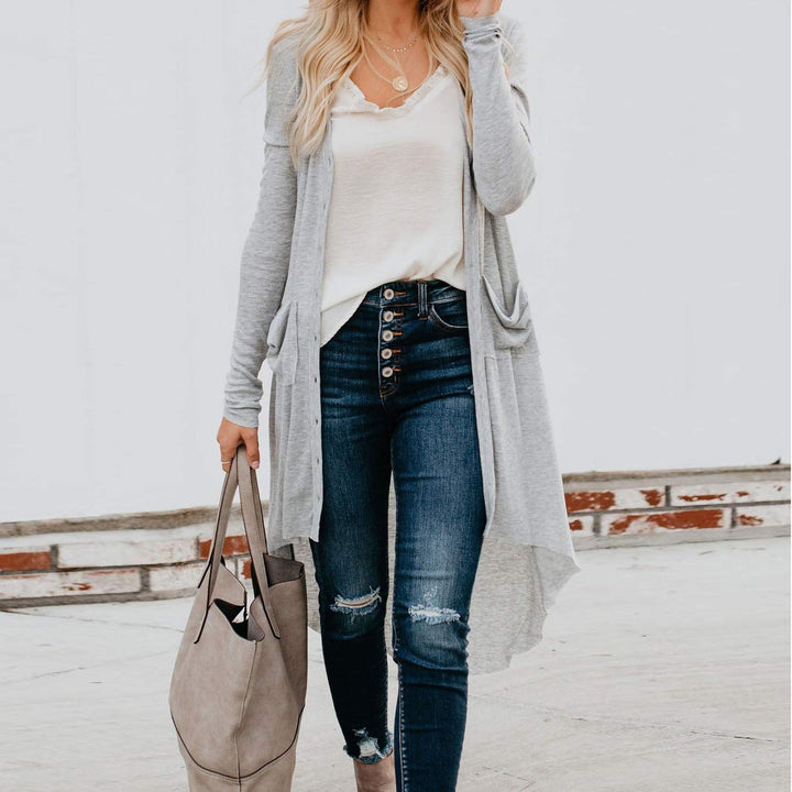 Damen Strickjacke Lang Elegant mit Taschen und Knöpfen
