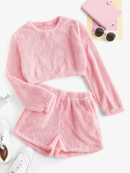 Damen Weiche Plüsch-Pyjamas Set Bequem