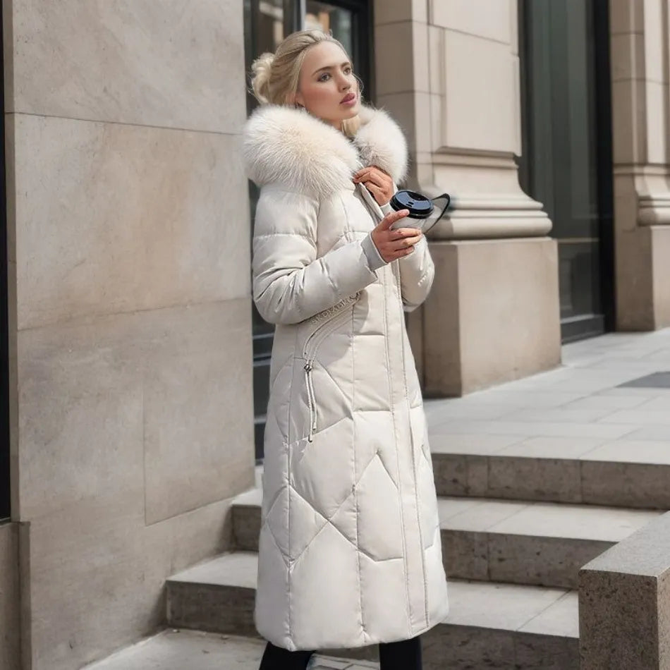 Damen Daunenmantel Lang Kragen Warm Elegant