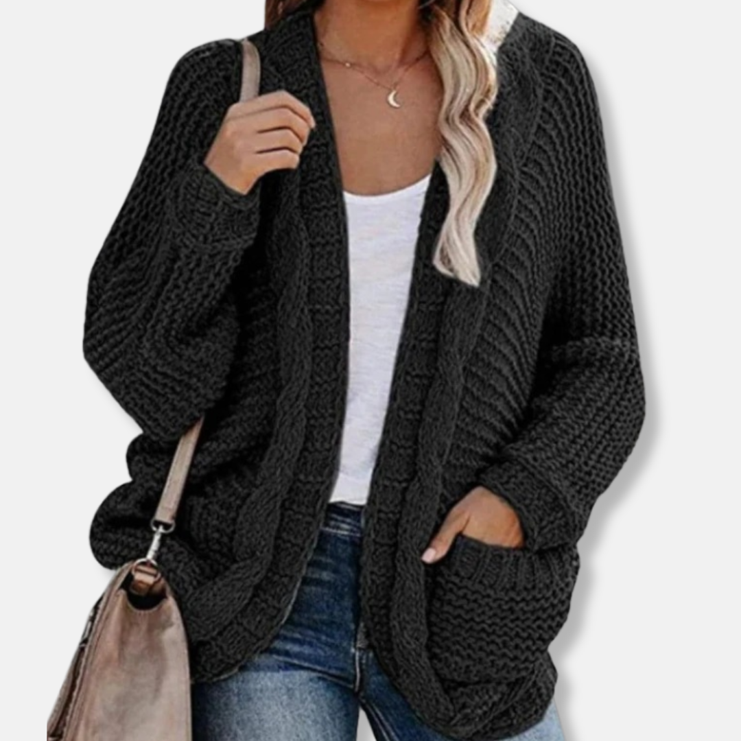 Übergroßer Wollcardigan mit Rippenmuster und Vordertaschen