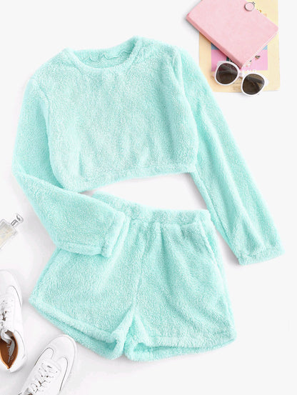 Damen Weiche Plüsch-Pyjamas Set Bequem