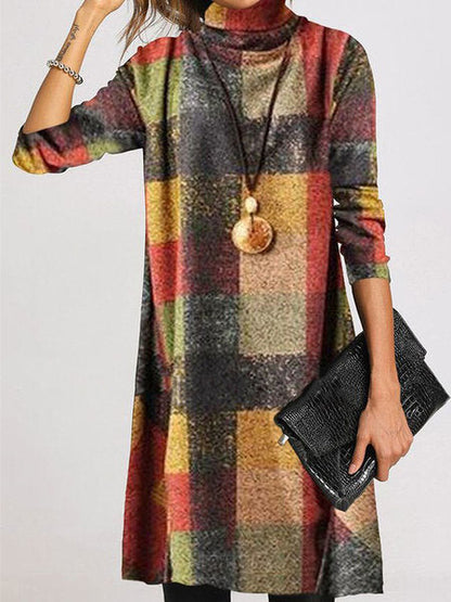Damen Langarmkleid Chic Karo Rollkragen - IdealeKleiden