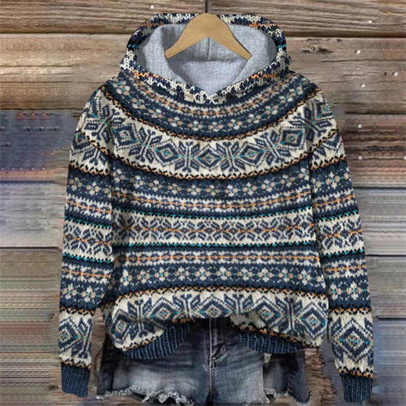 Damen Strickpulli Norwegermuster Kapuze