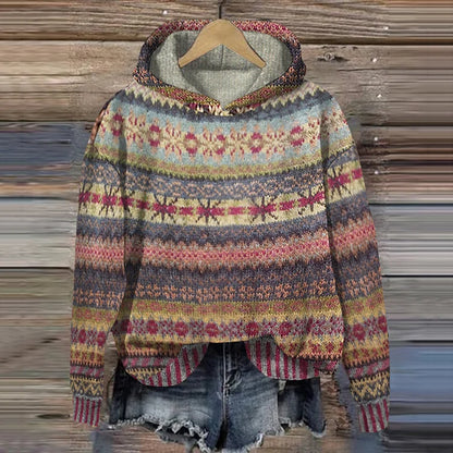 Damen Strickpulli Norwegermuster Kapuze