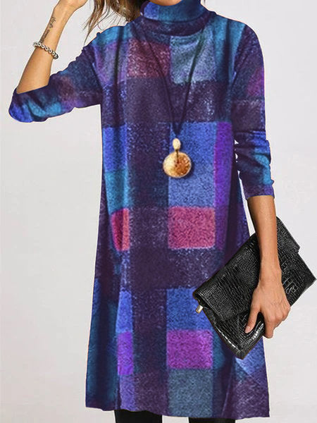 Damen Langarmkleid Chic Karo Rollkragen