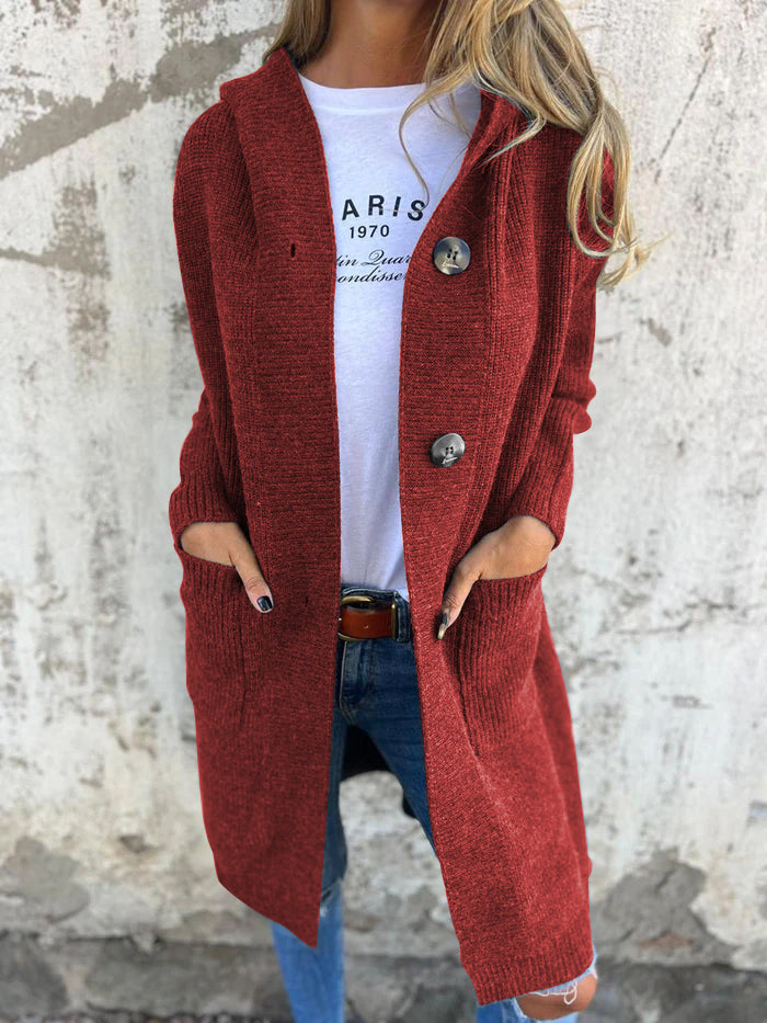 Langer Cardigan Offen mit Knöpfen & Taschen