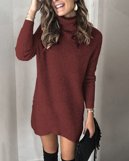 Damen Sweaterkleid Hochkragen Rippoptik Elegant