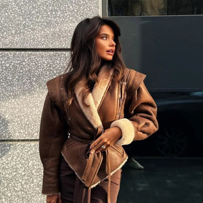Stylische Lederjacke Teddyfutter Schnürung