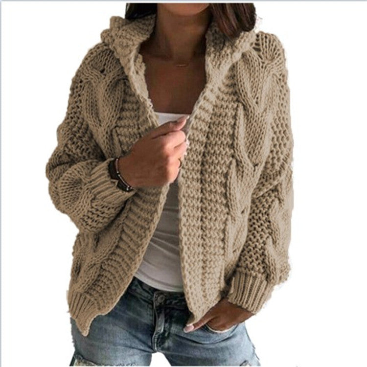 Damen Strickjacke Kapuze Zopf Muster Trendy