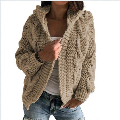 Damen Strickjacke Kapuze Zopf Muster Trendy