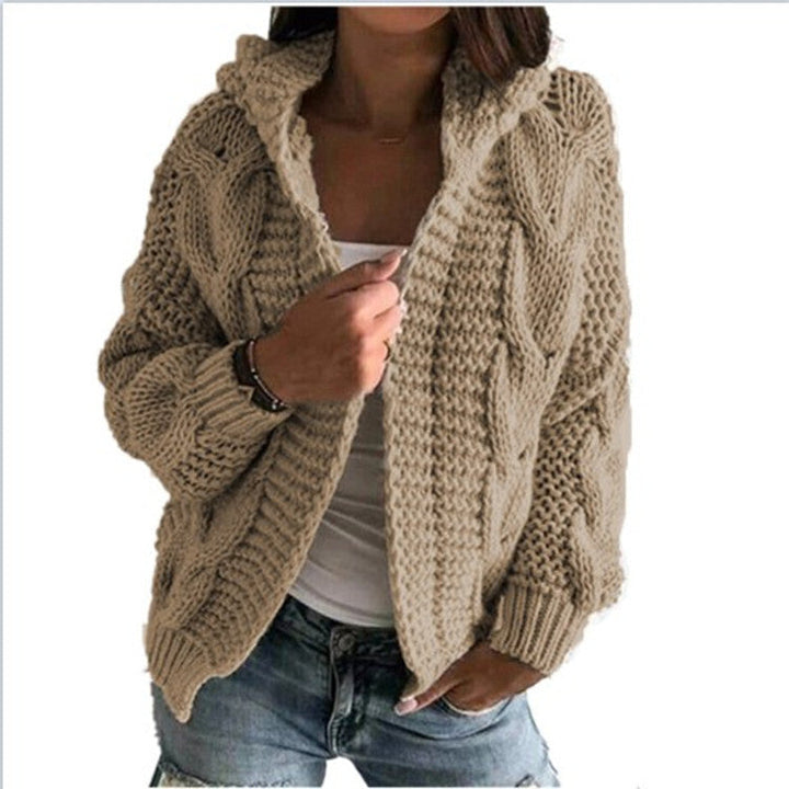 Damen Strickjacke Kapuze Zopf Muster Trendy