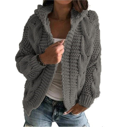Damen Strickjacke Kapuze Zopf Muster Trendy
