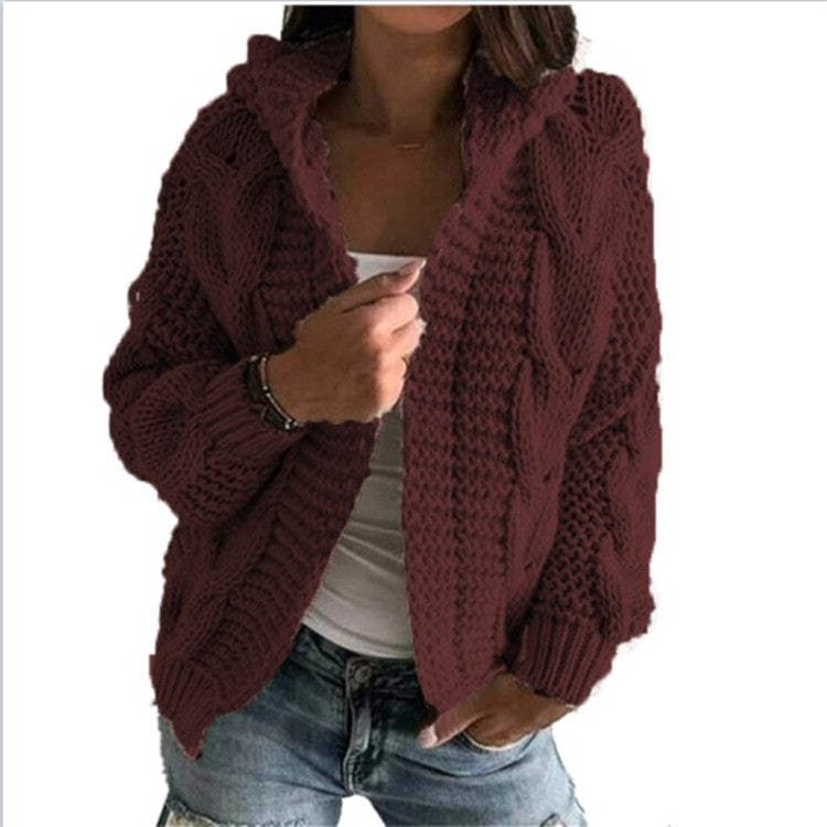 Damen Strickjacke Kapuze Zopf Muster Trendy