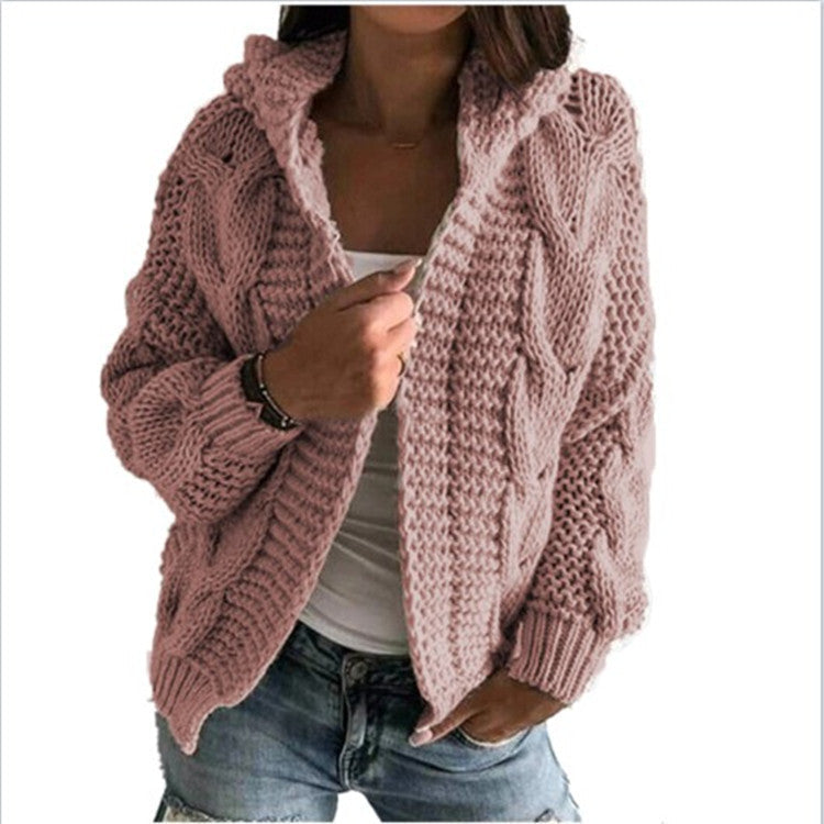 Damen Strickjacke Kapuze Zopf Muster Trendy