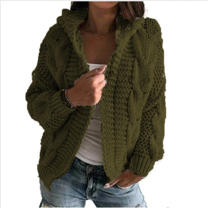 Damen Strickjacke Kapuze Zopf Muster Trendy