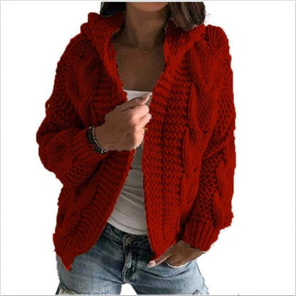 Damen Strickjacke Kapuze Zopf Muster Trendy