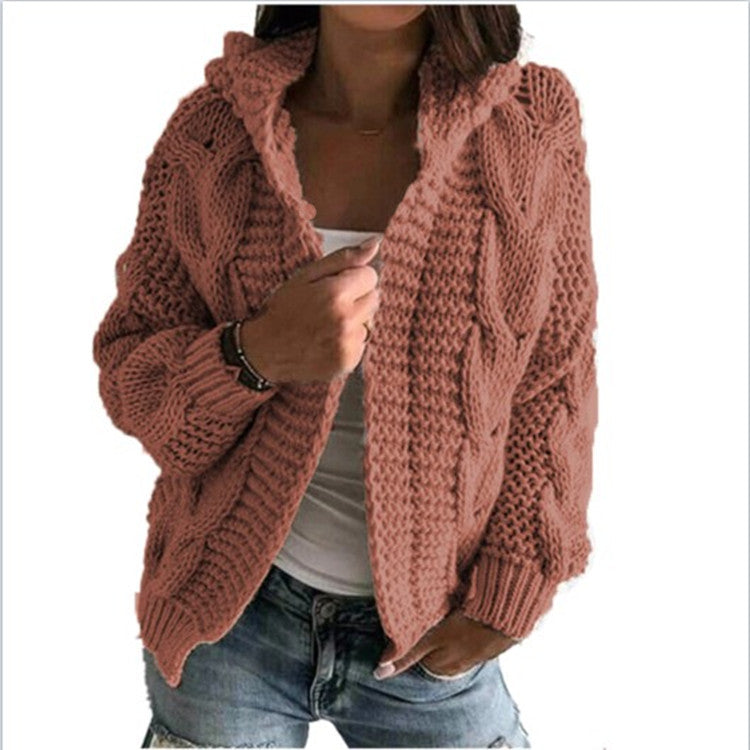 Damen Strickjacke Kapuze Zopf Muster Trendy