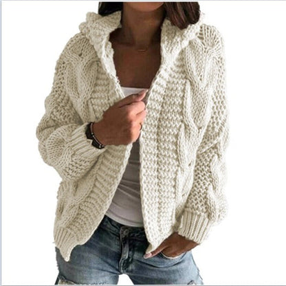 Damen Strickjacke Kapuze Zopf Muster Trendy