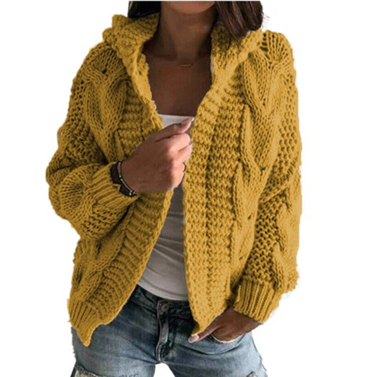 Damen Strickjacke Kapuze Zopf Muster Trendy