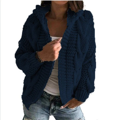 Damen Strickjacke Kapuze Zopf Muster Trendy