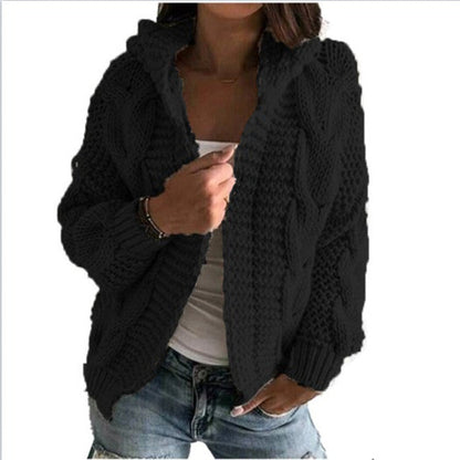Damen Strickjacke Kapuze Zopf Muster Trendy
