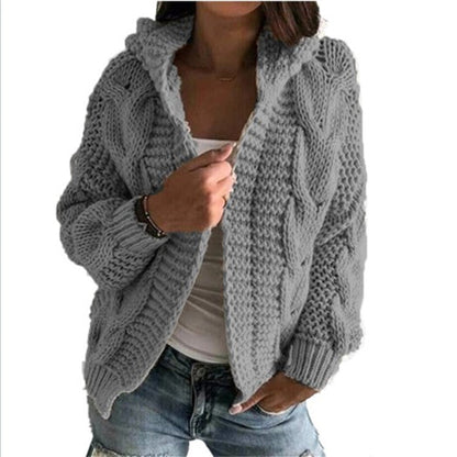 Damen Strickjacke Kapuze Zopf Muster Trendy